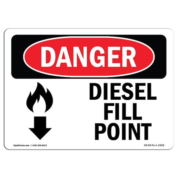 Safety Sign, OSHA Danger, 7" Height, 10" Width, Aluminum, Diesel Fill Point (Down Arrow), Landscape